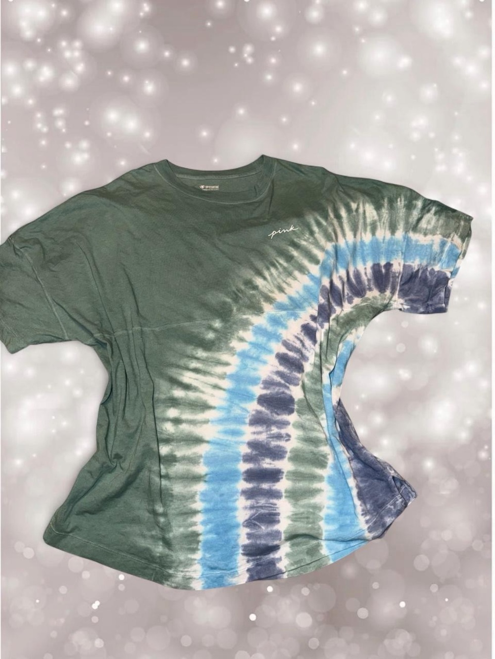 PINK Victoria's Secret Green Tie-Dye Short Sleeve Tee with Blue & Navy Wave